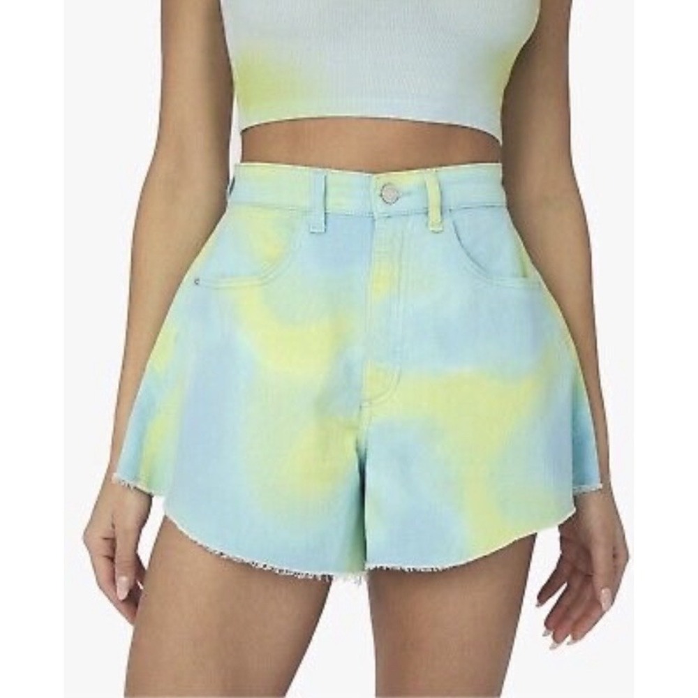 WeWoreWhat Denim Shorts High Waist Tie Dye Frayed‎ Hem Trendy Blue Green 27